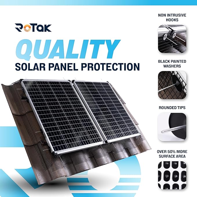 ROTAK Critter Guard - 4in x 100ft Solar Panel Bird Guard with Fastener Clips - Galvanized Black PVC Coated ½ inch Wire Roll Mesh (4 x 100' with 60 Fastener Clips)