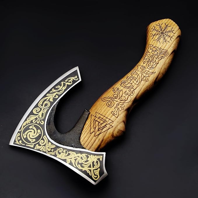 SHINY CRAFTS-Viking axe bearded axe tomahawk birthday gifts-Viking Axe with Carbon Steel Head and Ash Wood Handle is black polished Viking Gifts for Men with Premium Quality Leather Sheath (SCA-0025)
