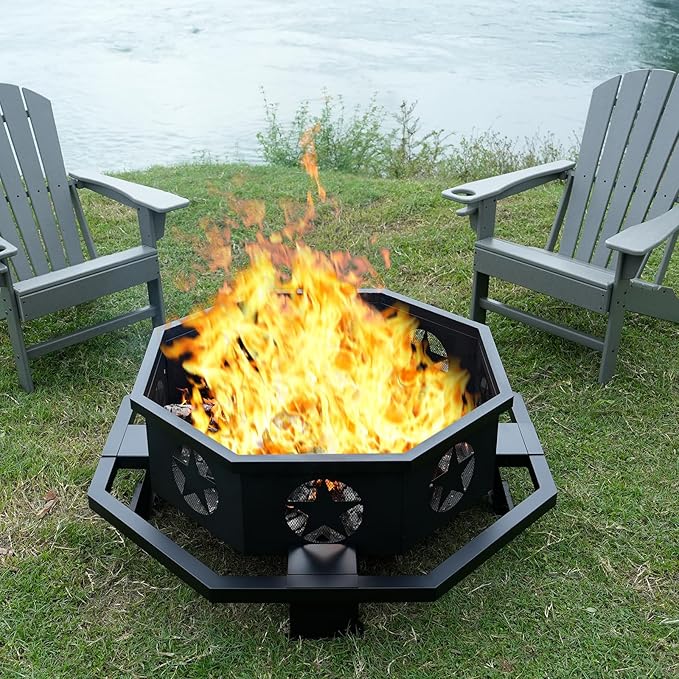 45 inch Large Fire Pit Outdoor Fire Pit with Heavy Duty Construction Wood Burning Fire Pits for Outside Octagonal Firepit for Camping Backyard Patio Black