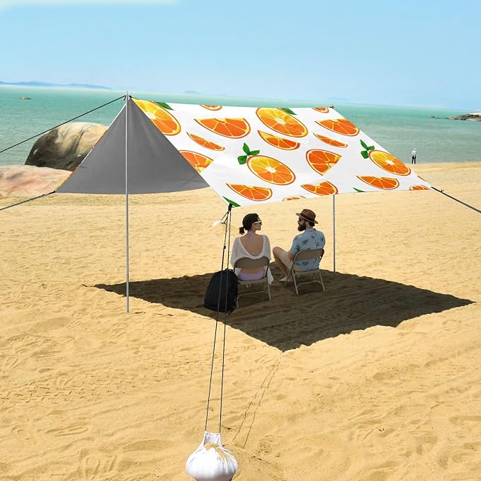 Beach Canopy with Windproof Ropes &amp Sandbags Beach Tent Sun Shade Sun Shelter for Camping Trips Fishing Backyard Fun or Picnics Oranges