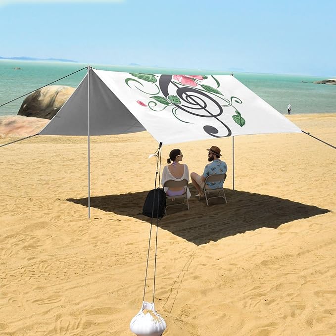 ALAZA Rose Treble Clef and Swirly Staff with Musical Notes Beach Tent Sun Shelter Portable Canopy Sunshade for Outdoor Camping Picnics Backyard Fun 10x9 ft