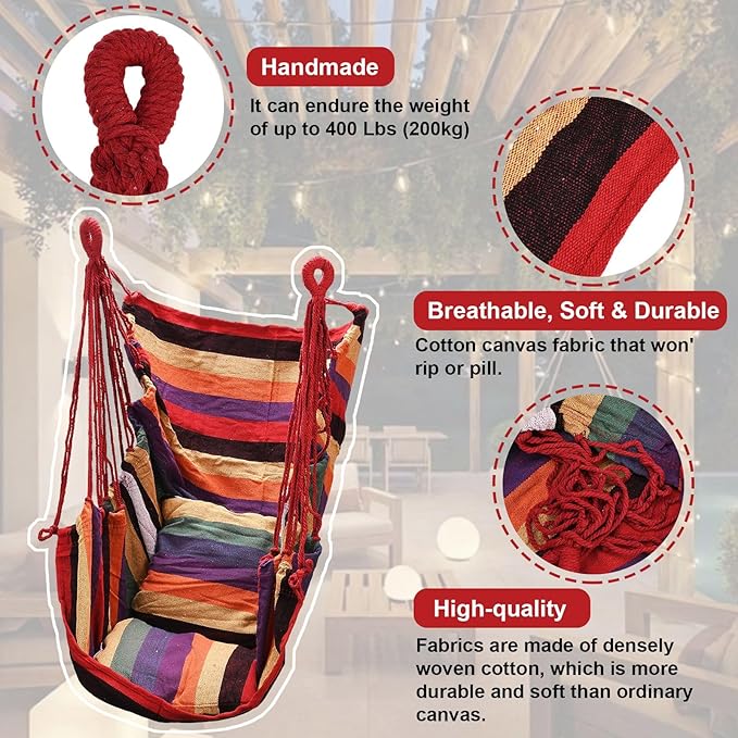 Hammock Chair Hanging Swing with 2 Pillows &amp Side Pocket Soft Cotton Tassel Swinging Chair with Strong Webbing Straps &amp Hooks Indoor Outdoor Comfort Seat (Red)