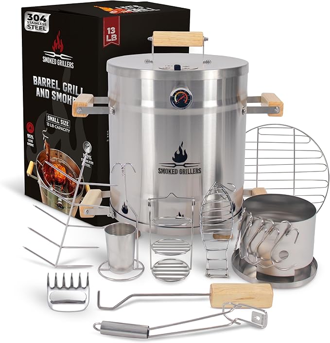 Barrel Smoker Grill Combo | 100% 304 Stainless Steel Barrel | 95% Less Smoke Even Heat | Easy to Use &amp Clean – Vertical Smoker Ideal for Balconies and Backyards (SMALL-13 LBS)