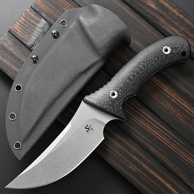 Sitivien ST31 Fixed Blade Knife N690 Stonewashed Steel Blade Carbon Fiber Handle Full Tang EDC Straight Knife for Outdoor Working Camping Hunting Fishing(Silver)