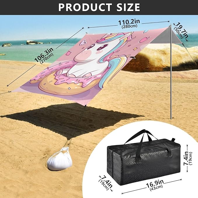 ALAZA Cute Unicorn Donut Beach Tent Sun Shelter Portable Canopy Sunshade for Outdoor Camping Picnics Backyard Fun 10x9 ft