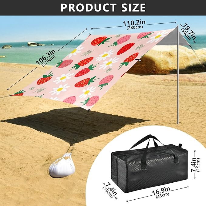 Beach Canopy with Windproof Ropes &amp Sandbags Beach Tent Sun Shade Sun Shelter for Camping Trips Fishing Backyard Fun or Picnics Strawberry