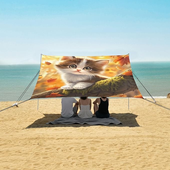 ALAZA Little Cat Maple Leaf Beach Tent Sun Shelter Portable Canopy Sunshade for Outdoor Camping Picnics Backyard Fun 10x9 ft