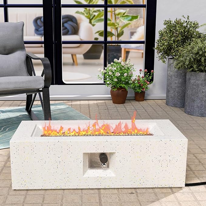 HOMPUS Outdoor Propane Fire Pit 44-inch x 17-inch Rectangle White Terrazzo Concrete Fire Table with Lava Rocks and Rain Cover 50000 BTU Gas Fire Pit for Patio Deck or Backyard