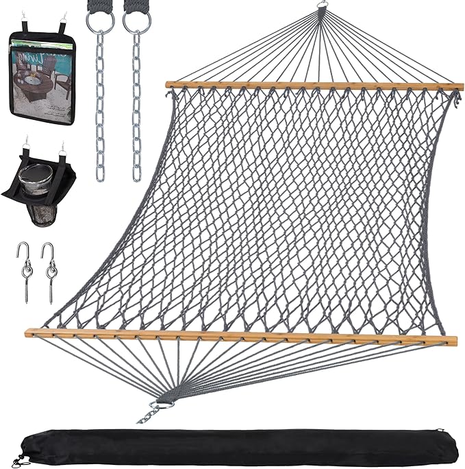 SUNCREAT Double Outdoor Hammock Polyester Rope Hammock with Strong Spreader bar Gray