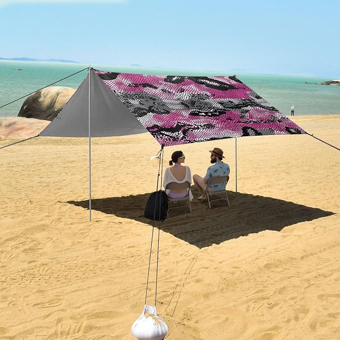 ALAZA Pink &amp Black Snake Print Beach Tent Sun Shelter UPF50+ Protection Beach Shade Canopy w/ 4 Sandbags for Outdoor Camping Fishing Backyard Fun Picnic 10x9 ft
