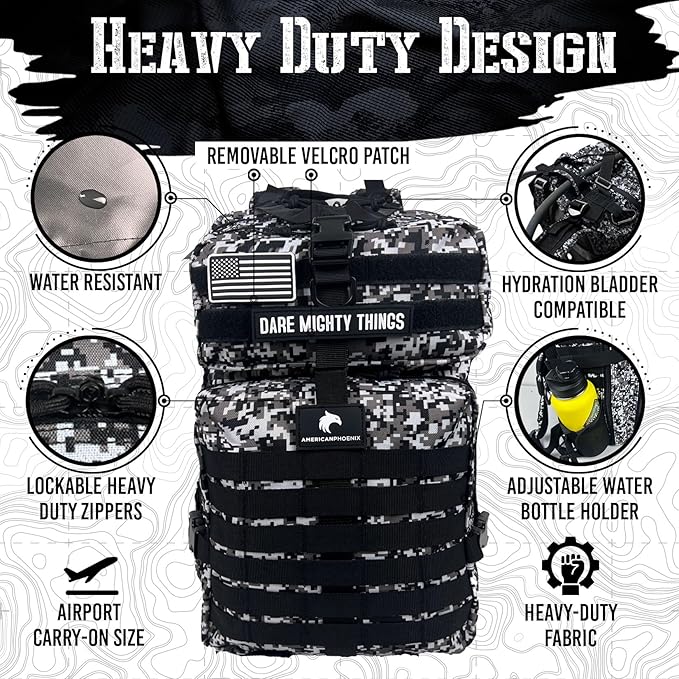 AMERICANPHOENIX 45L Elite Tactical Backpack | 3X Stronger Work &amp Military Backpack | Water Resistant and Heavy Duty | 3 Day MOLLE Bug Out Bag (Snow Leopard)