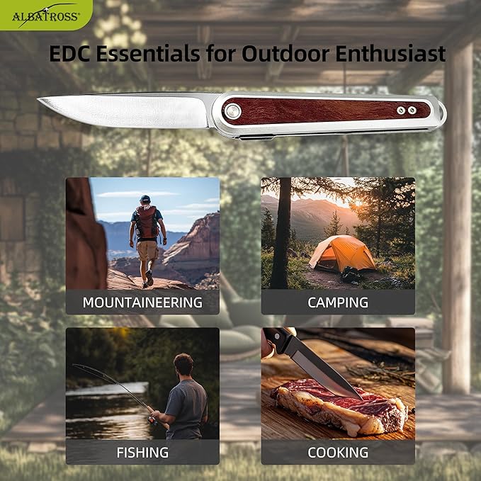 ALBATROSS Refined Choice Men's Women's Folding Pocket Knife 3.3 Satin D2 Blade Silver Aluminum &amp Wood Inlay Reversible Clip Artisan EDC Fathers Day Mothers Day Gifts