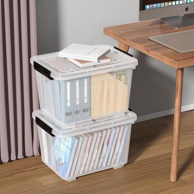 Cand 30 Quart Plastic Storage Boxes with Wheels 4 Pack Latching Lidded Storage Bins Clear
