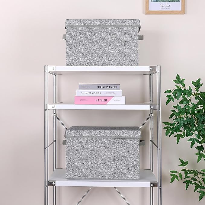 WUIKE Foldable Storage Bins with Lids Storage Boxes with Handles Closet Shelf Organizer Fabric Storage Baskets with Cover for Bedroom 3-Pack Ash Gray Extra Large
