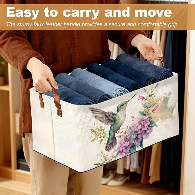32L Large Storage Bins with Handles Basket Organizer for Shelves Closet Books Laundry &amp Home Decor (Hummingbird Flower)