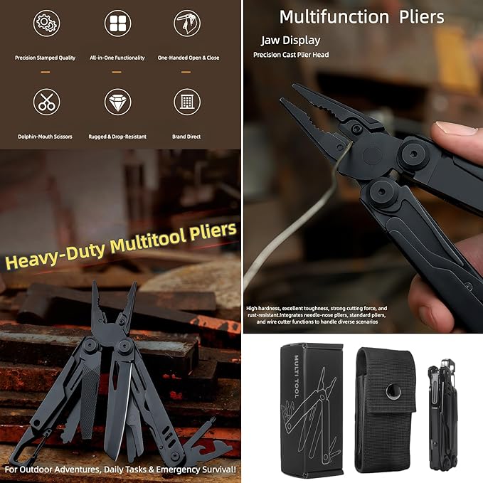 Multi Tool 14-in-1 Full-Size Lightweight EDC Multi-Purpose Pliers Household Screwdriver Camping Outdoor Gear Nylon Bag Tools Gifts for Guys Gifts for Hunters Men who have Everything (Black)
