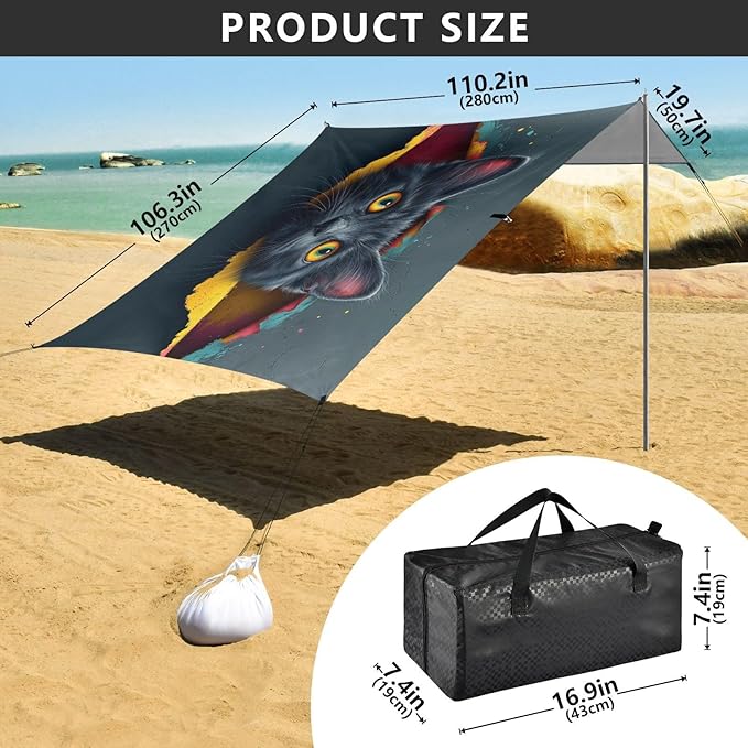 ALAZA 3D Black Cat Beach Tent Sun Shelter UPF50+ Protection Beach Shade Canopy w/ 4 Sandbags for Outdoor Camping Fishing Backyard Fun Picnic 10x9 ft