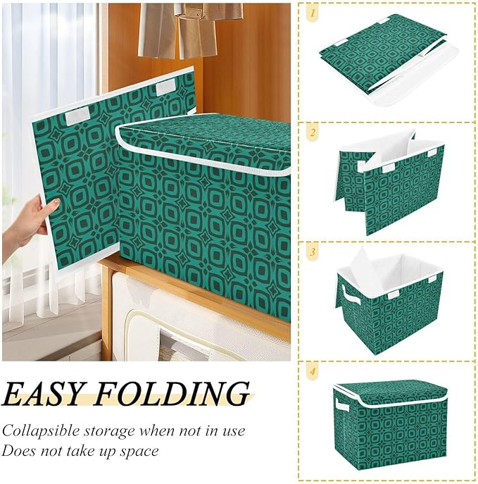 Teal Geometric Pattern Lidded Storage Bins with Handles - 16.5x12.6x11.8 Foldable Organizing Box Oxford Fabric &amp Honeycomb Board Dust-Proof Flip Lid for Closet/Office