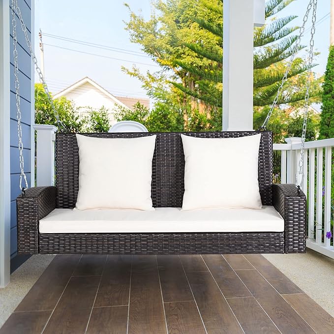 Tangkula 2-Person Wicker Porch Swing Patiojoy Outdoor Rattan Hanging Swing Bench W/ 2 Back Cushions &amp 1 Seat Cushion Sturdy Steel Chain 800lbs Weight Capacity