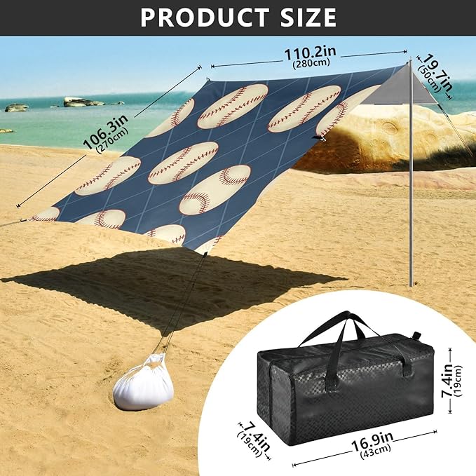 xigua Baseball Beach Tent Sun Shelter with Carrying Bag - Silver Coated Oxford Fabric Beach Canopy for Beach Camping Fishing - Includes Windproof Ropes Sandbags &amp Stakes
