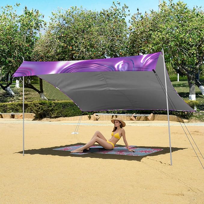 Beach Canopy with Windproof Ropes &amp Sandbags Beach Tent Sun Shade Sun Shelter for Camping Trips Fishing Backyard Fun or Picnics Purple Texture