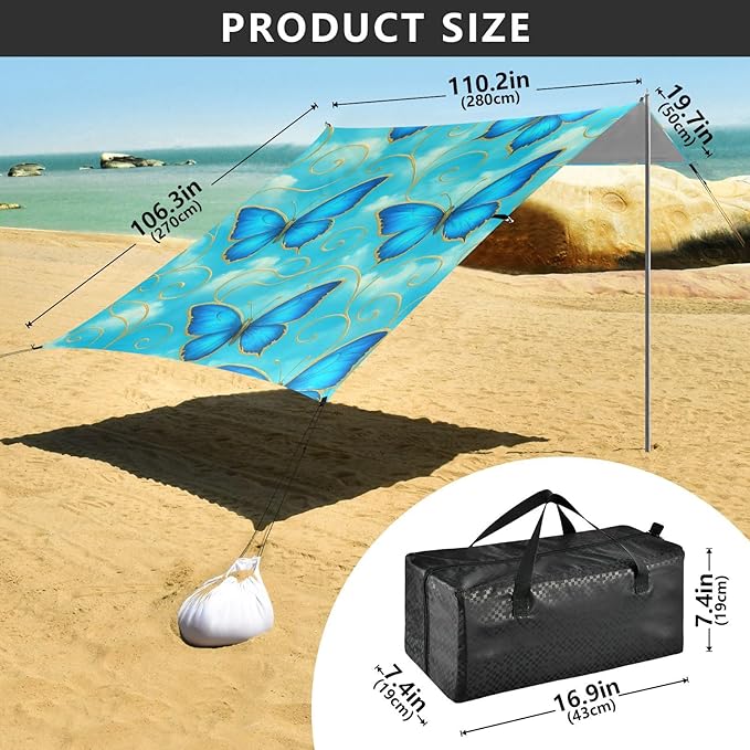 Beach Canopy with Windproof Ropes &amp Sandbags Beach Tent Sun Shade Sun Shelter for Camping Trips Fishing Backyard Fun or Picnics Butterfly