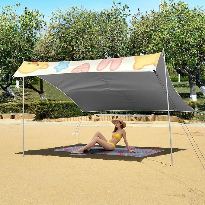 Beach Canopy with Windproof Ropes &amp Sandbags Beach Tent Sun Shade Sun Shelter for Camping Trips Fishing Backyard Fun or Picnics Cartoon Animals