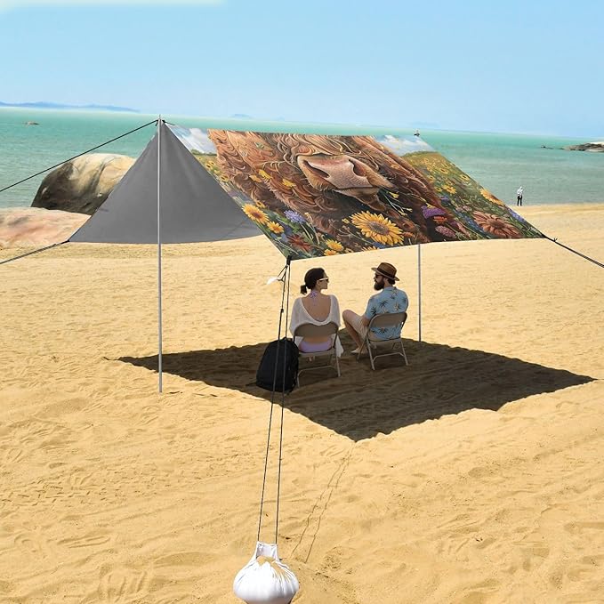 ALAZA Wreath Wearing Highland Cow Beach Tent Sun Shelter Portable Canopy Sunshade for Outdoor Camping Picnics Backyard Fun 10x9 ft