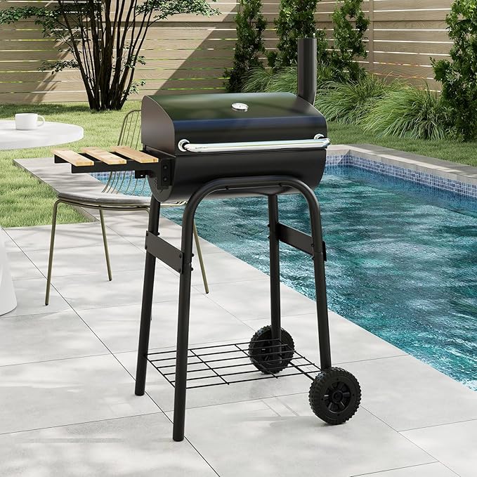 Giantex Portable Charcoal Grill with Foldable Side Table Outdoor BBQ Smoker Grill with Wheels Thermometer Adjustable Air Vent Bottom Shelf Barrel Barbecue Grills for Patio Camping &amp Tailgate