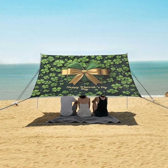 St Patrick's Day Bow Clover Beach Tent Sun Shelter Set UPF50+ UV Protection 10.5 x 9.19 FT Camping Shade Canopy with Sandbags Sand Anchors Carrying Bag and Others