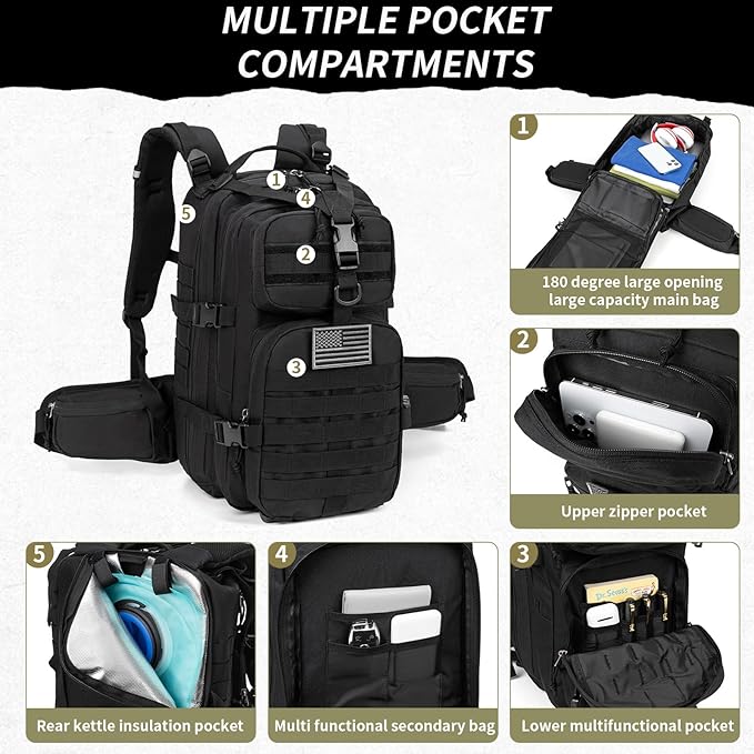 Camo hunting backpacksmall tactical backpack military backpack for men camping backpack 3-day bag(Black)