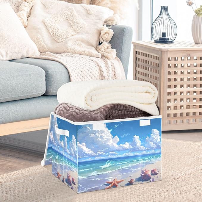 Kigai Beach Shells Foldable Storage Bin Cube Organizer Basket with Flip-Top Lid Clothes Blanket Box for Home Office Closet