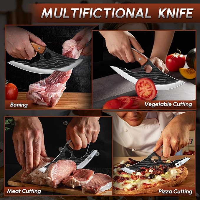Huusk Japan Ulu Knife with Sheath - Christmas Gift for Men and Women - Hand Forged Caveman Ultimo Knife with Full Tang Wooden Handle - BBQ Knives for Vegetables Fruit Pizza