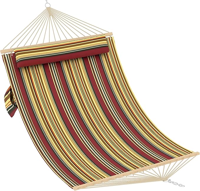 Hammocks 12 FT Double Quilted Fabric Hammock with Spreader Bar and Detachable Pillow 2 Person Hammock for Outdoor Patio Backyard Poolside 450lbs Weight Capacity