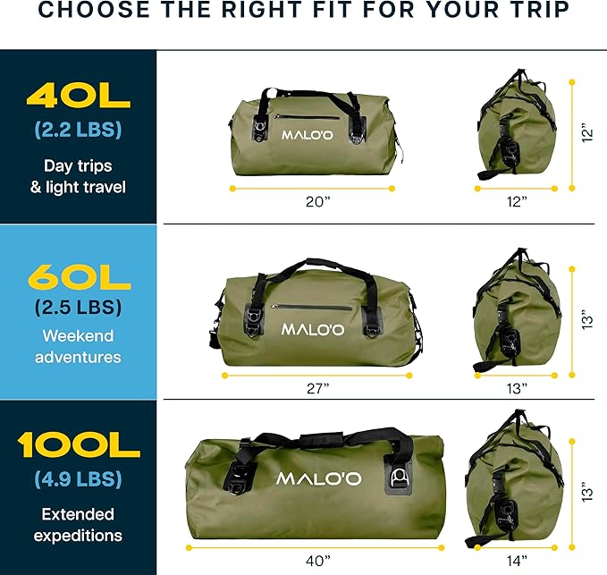 Malo’o Waterproof Dry Duffel Heavy-Duty Roll Top Waterproof Gear Bag with Shoulder Strap &amp Molle Loops Marine Duffel for Kayaking Boating Camping Beach &amp Travel Dark Green 40L