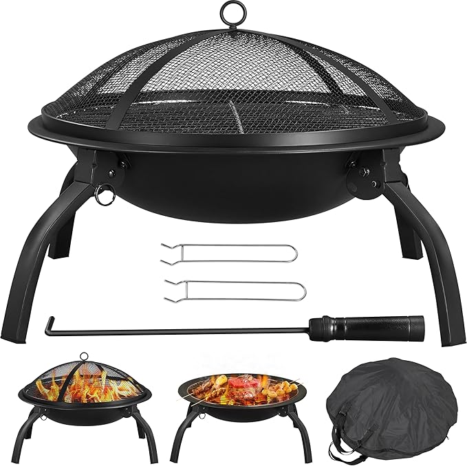 Yaheetech Fire Pit 22in Folding Firepits BBQ Fireplace with Steel Grill Cooking Grate and Poker for Outdoor Camping &amp Bonfire