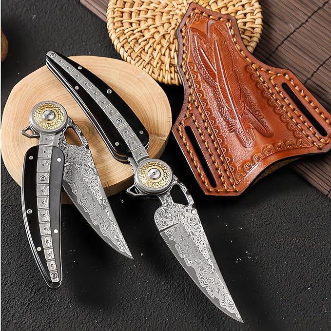 Damascus Steel Folding Knife HRC 60 Pocket Knife for Men Hand Forged Damascus Steel Blade Vegetable Tanned Leather Sheath Ebony Handle Hunting Knives &amp Tools Gifts for Guys