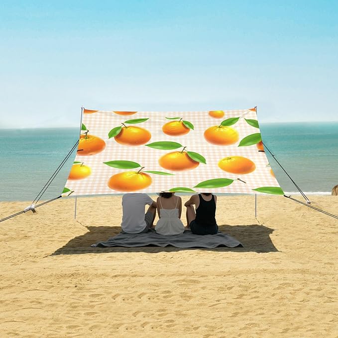 xigua Orange Beach Tent Sun Shelter with Carrying Bag - Silver Coated Oxford Fabric Beach Canopy for Beach Camping Fishing - Includes Windproof Ropes Sandbags &amp Stakes