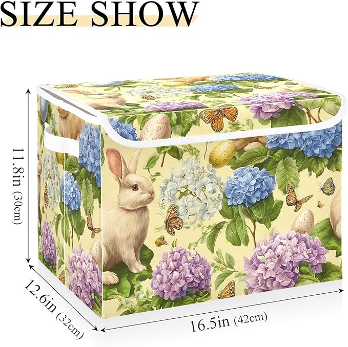 Yellow Easter Bunny Hydrangea Butterfly Storage Box with Lid 1 PC Foldable Storage Bin with Lids Stackable Storage Bins Cube Closet Organizer Basket with Flip-Top Lid &amp Handles for Shoes Books Tow