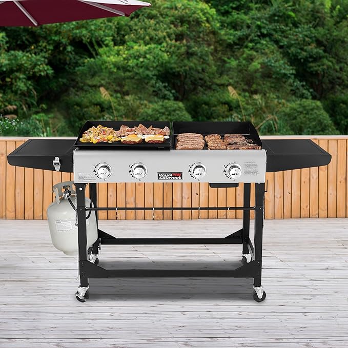Royal Gourmet GD401C 4-Burner Propane Gas Grill and Griddle Combo with Cover Griddle Grill Combo with 48000 BTUs Output for Outdoor Cooking While Camping or Tailgating Black &amp Silver