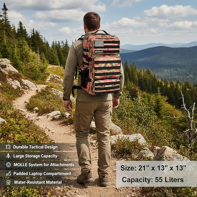 Military Tactical Backpack 55L for Men &amp Women Bug Out Bag Assault pack Molle Daypack Hiking Trekking Rucksack (Pink camouflage)