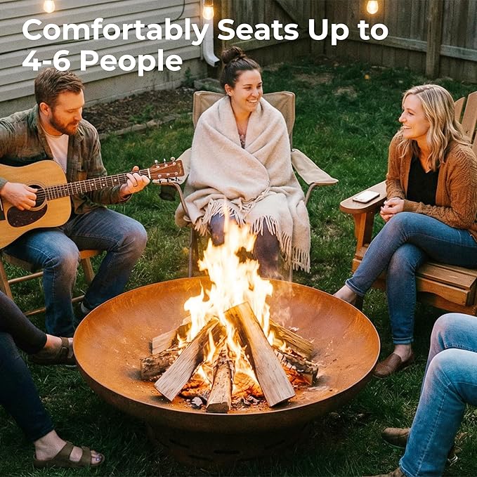 KOL Fire Pit for Outside Wood Burning 27.5 Inch Round Firepit Bowl Outdoor and Patio Heavy-Duty Steel Bonfire Pit Oxidized Finish Free-Standing Camping Backyard Terrace