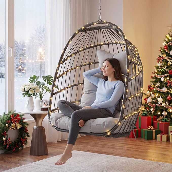 Nicesoul Hanging Egg Chair Outdoor Without Stand Indoor Swing Egg Basket Ceiling Tree Chairs with Cushion 350lbs Egg-Shaped Hammock Chair No Stand for Patio Backyard Balcony BedroomPorch Gray