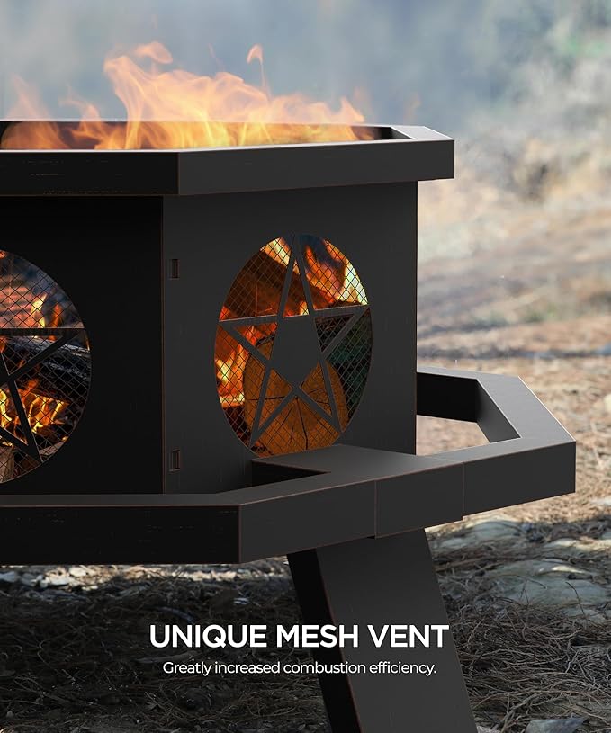 43 inch Fire Pit Outdoor Fire Pits with Cooking Grill Wood Burning Fire Pits for Outside Octagonal Heavy Duty Large Firepit with Poker for Bonfire Backyard Camping Bronze