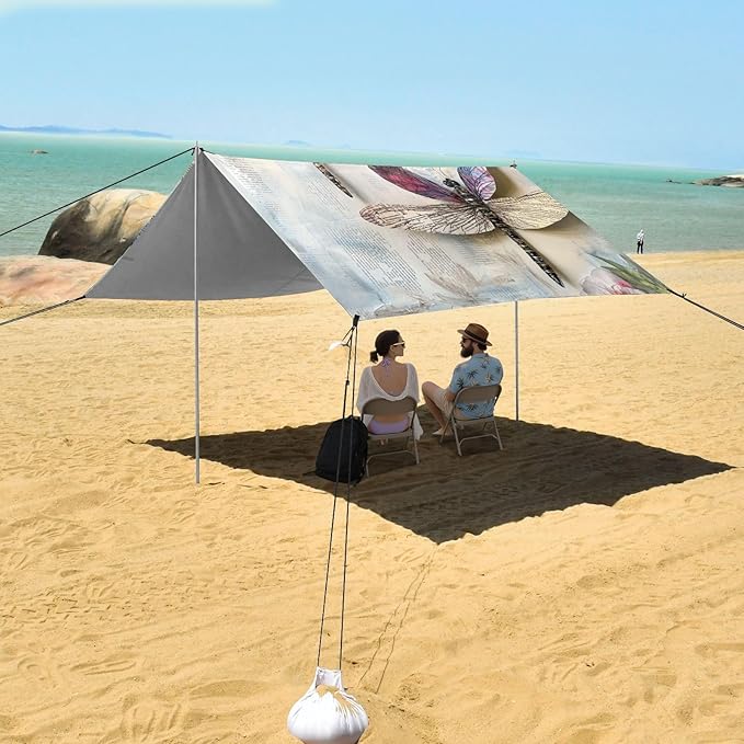 ALAZA Dragonflies Newspaper_Floral Beach Tent Sun Shelter Portable Canopy Sunshade for Outdoor Camping Picnics Backyard Fun 10x9 ft