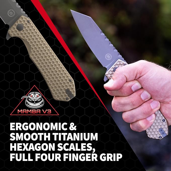 Off-Grid Knives - MAMBA V3 Large EDC Knife with MagnaCut Blade Steel Titanium Scales and Hardware Manual Ball Bearing Flipper Four Finger Grip Deep Pocket Carry (Coyote Gold)