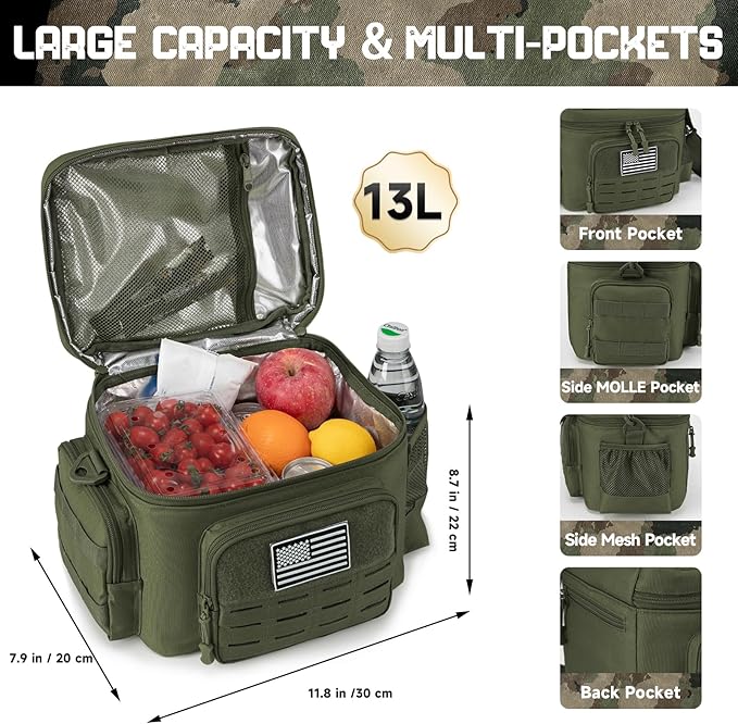 QT&ampQY Tactical Lunch Bag for Mens Military Heavy Duty Lunch Box Work Leakproof Insulated Durable Thermal Cooler Bag for Adult Meal for Office Camping Picnic Pail MOLLE Webbing Army Green
