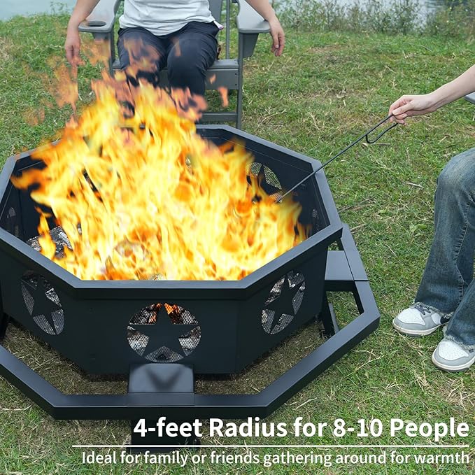 45 inch Large Fire Pit Outdoor Fire Pit with Heavy Duty Construction Wood Burning Fire Pits for Outside Octagonal Firepit for Camping Backyard Patio Black