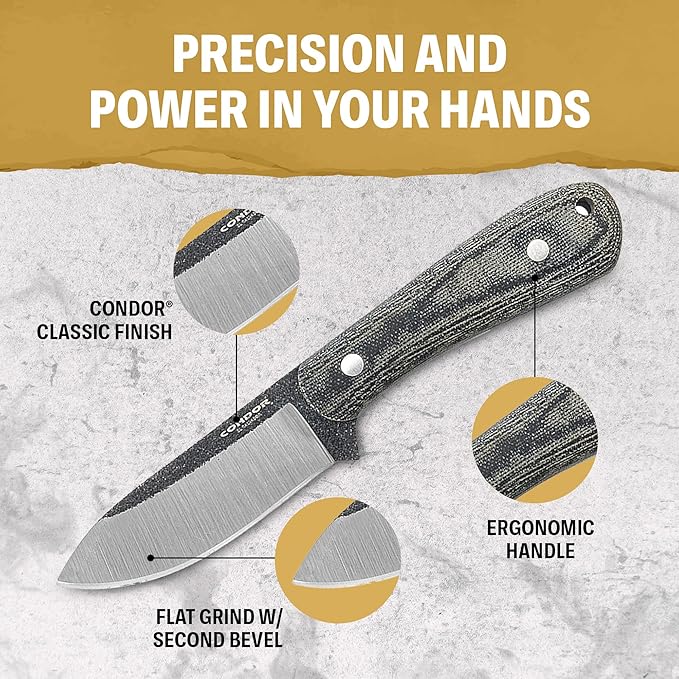 Condor Tool &amp Knife Ceres Knife - 3.59 In Sandvik 14C28N Stainless Steel - Flat Grind w/Second Bevel - Micarta Handle - Kydex w/Leather Belt Sheath Perfect for Camping &amp Survival 6.35 oz