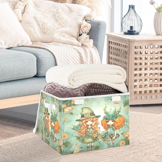 Christmas Storage Baskets with Lids Two Girls in A Hat Collapsible Bins Stackable Fabric Linen Baskets Closet Organizer Container 16.5x12.6x11.8